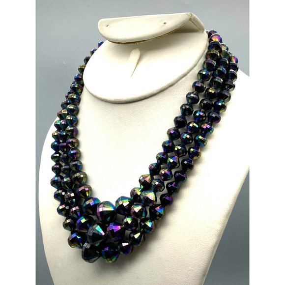 Retro Oil Slick Beads Graduated Necklace, Black Plastic Vitrail Triple Strand - Picture 3 of 4